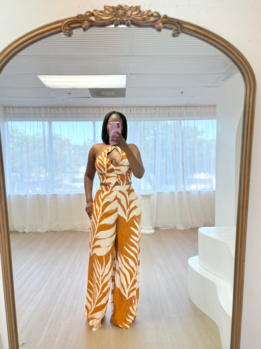 Golden Palm Halter Jumpsuit – Mustard Leaf Print