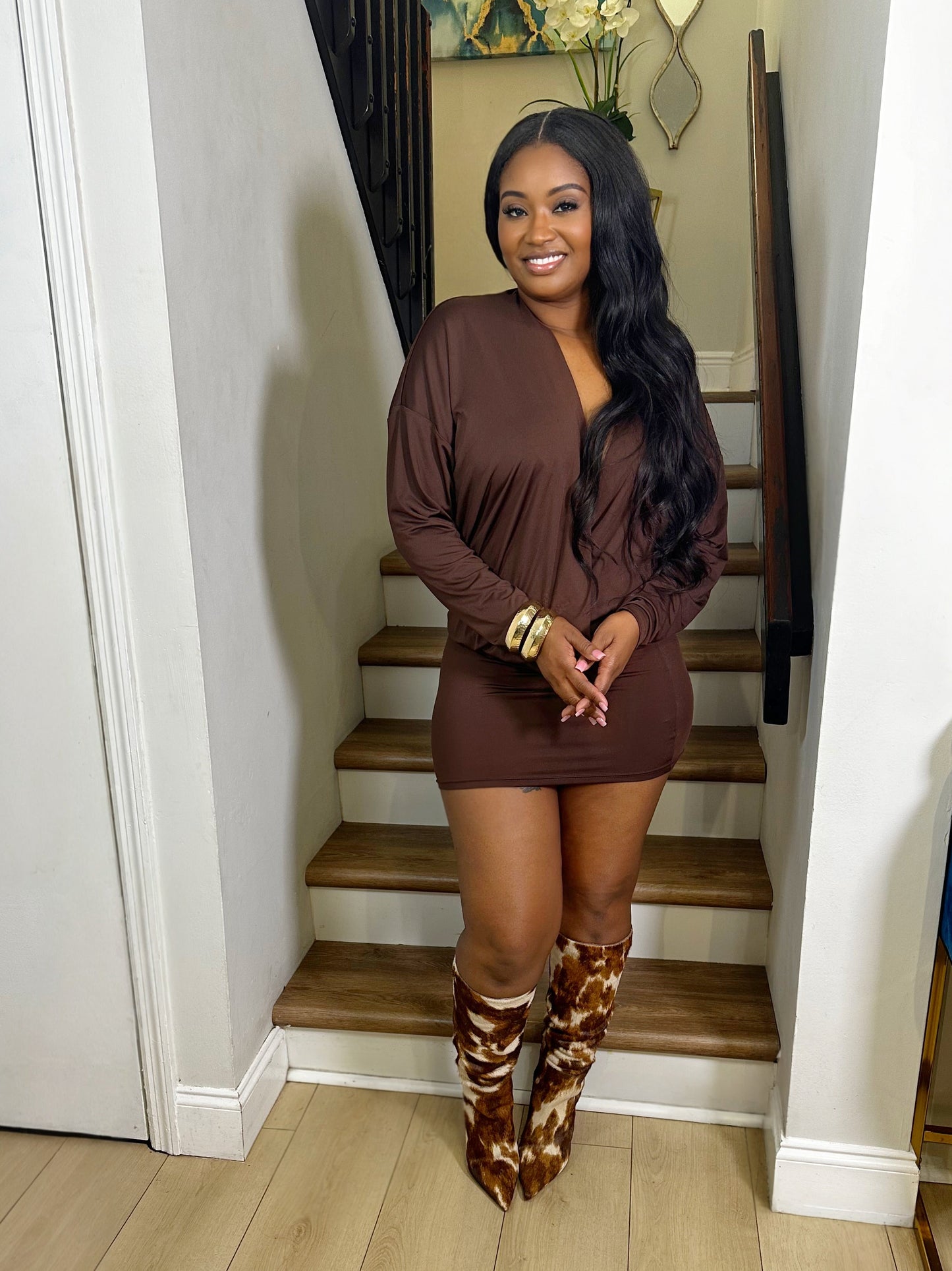 Deep V Long Sleeve Mini Dress