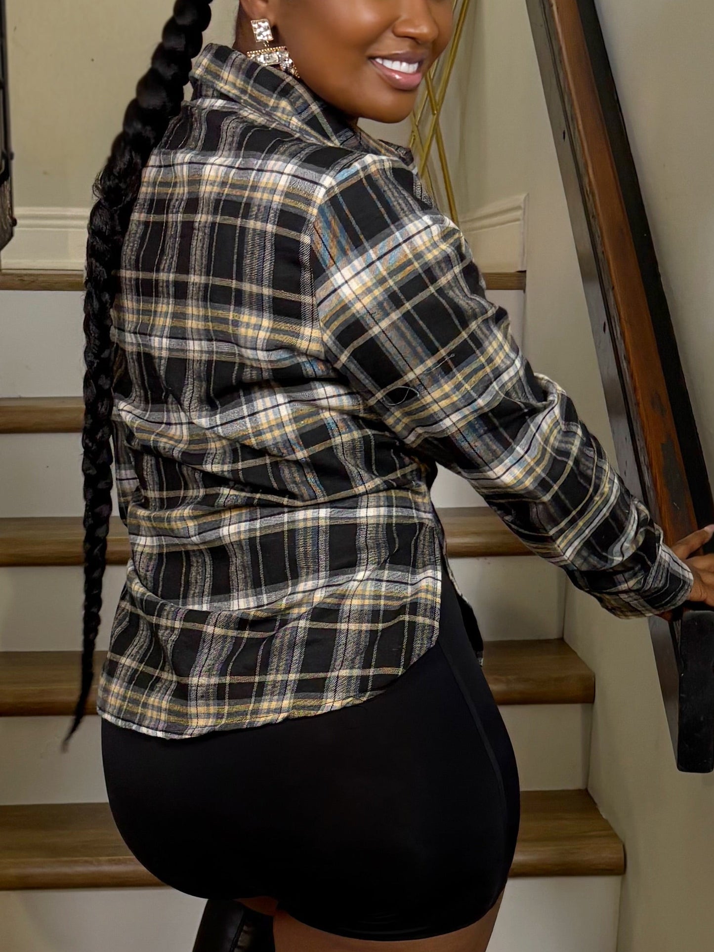 Deep V-Neck Plaid Top