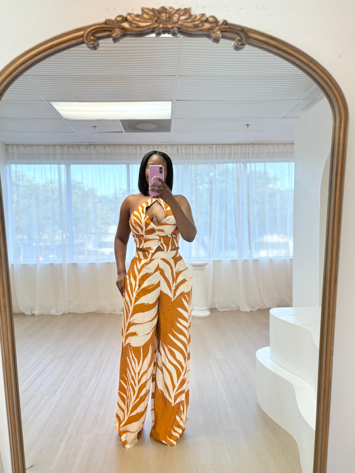 Golden Palm Halter Jumpsuit – Mustard Leaf Print